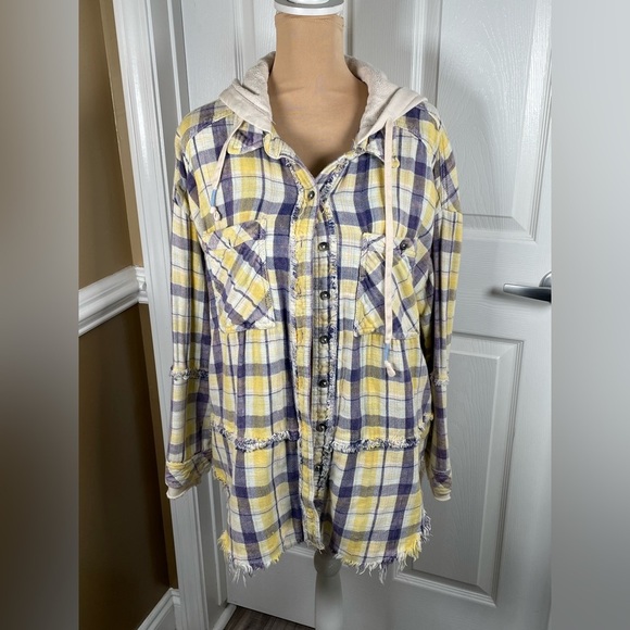 FREE PEOPLE Calico Basin Plaid Hooded Shacket Ivory Blue Combo Medium - Picture 12 of 14